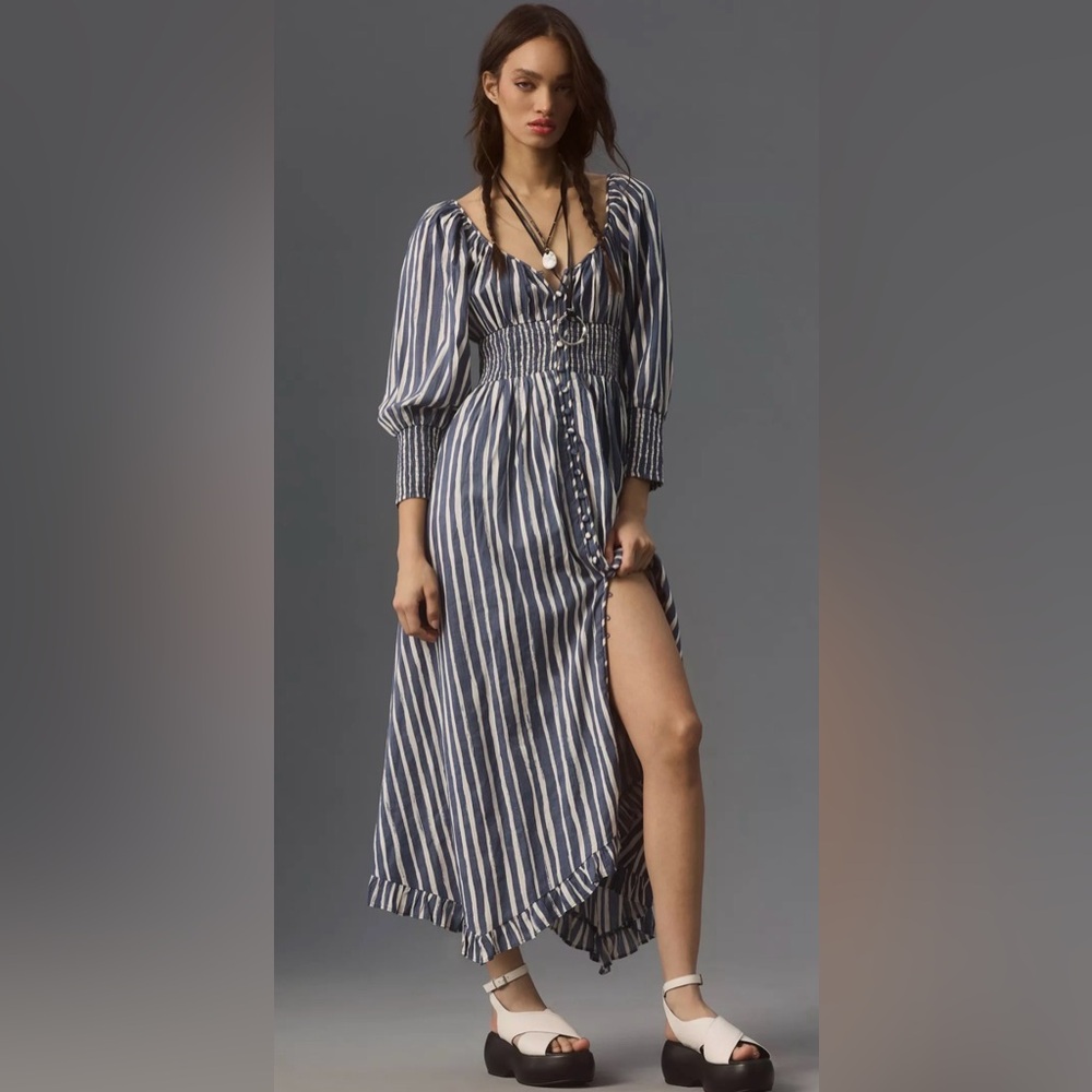 Anthropologie Blue and White Striped Midi Dress